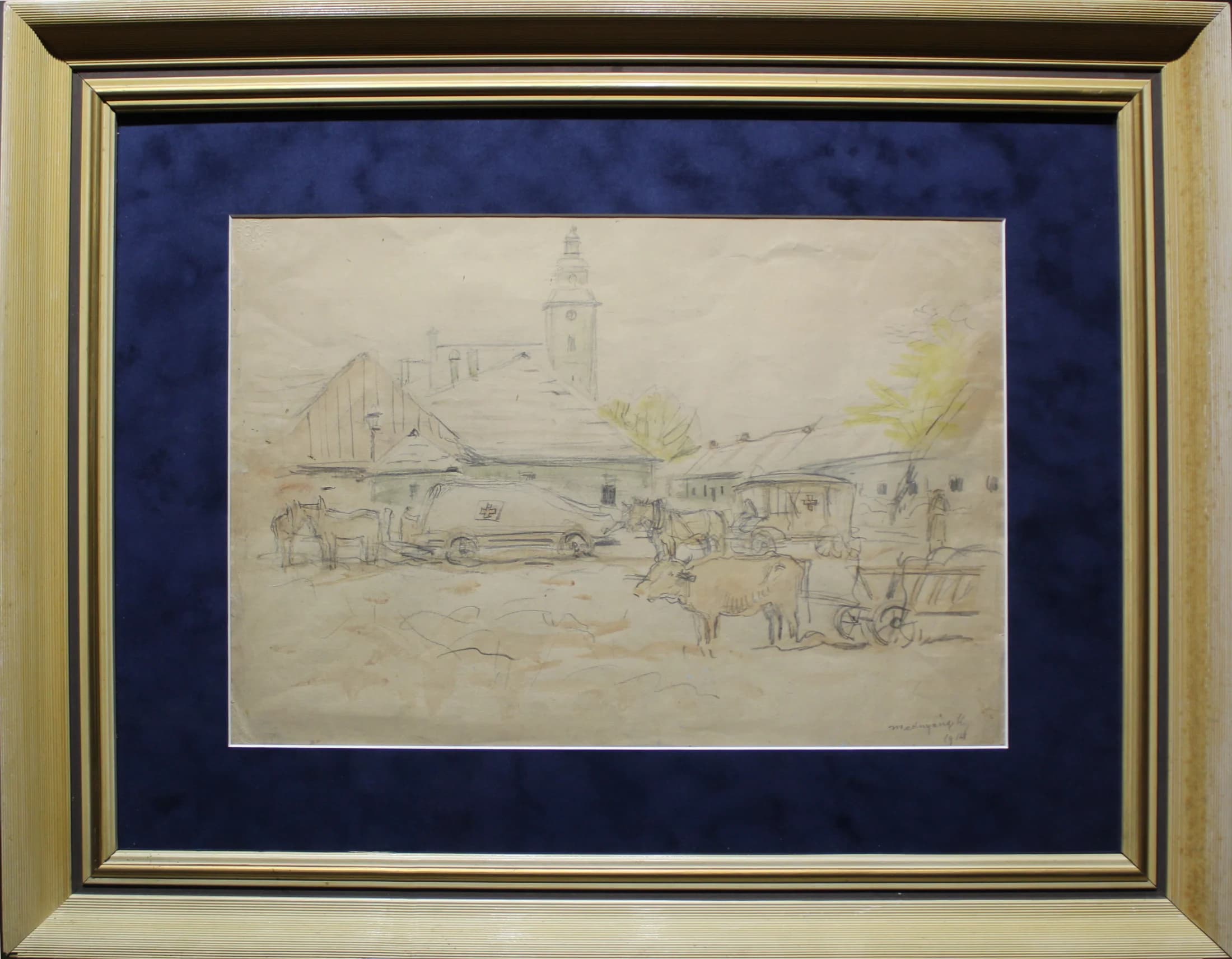 Ladislav Mednyánszky (1852 - 1919) / Dedinský dvor s kostolnou vežou a záprahom - 1