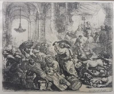 Rembrandt Harmenszoon van Rijn (1606 - 1669) / Vyháňanie zmenárnikov z chrámu thumbnail 2